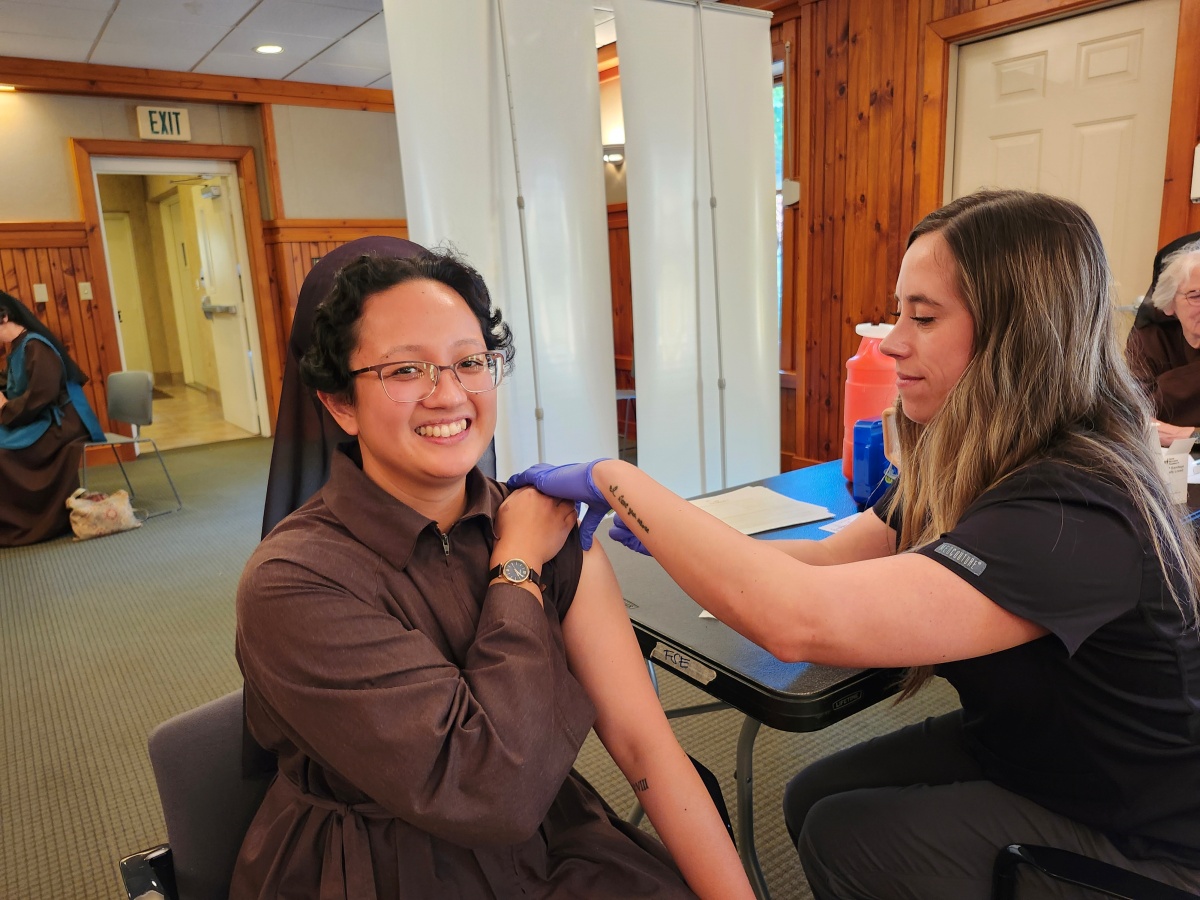 Sister Bernadette getting flu shot